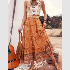 Boho floral print ruffle hem maxi skirt